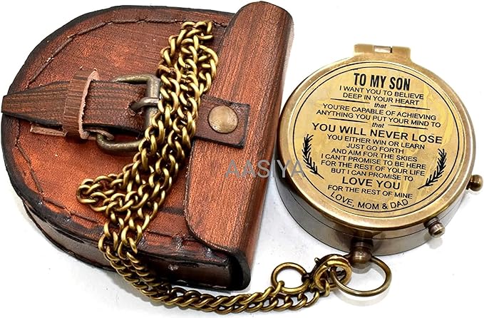 AASIYA Brass Chain Compass with Leather Case