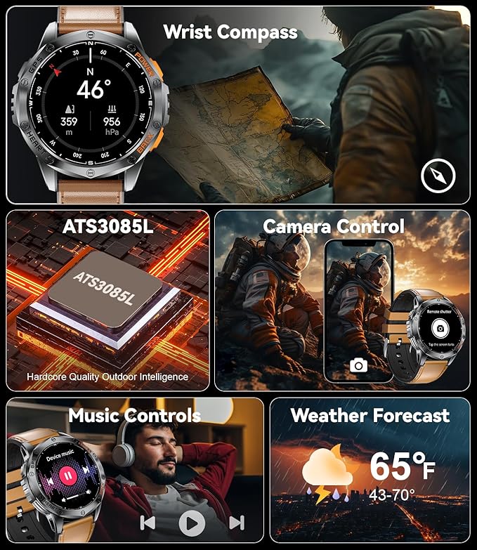 LIGE GPS Military Smart Watch for Men (Answer/Make Calls), 100+ Sports Modes Fitness Smart Watch, LED Flashlight/Compass/45 Days Battery/IP68 Waterproof 1.43'' AMOLED Smartwatch for Android iOS