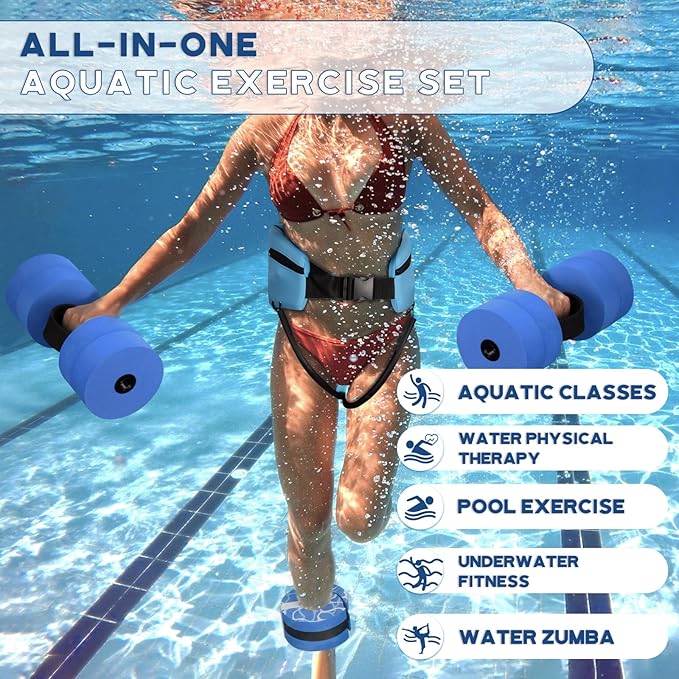 Hikeen 6-Piece Water Aerobics Pool Exercise Equipment, Aqua Aerobics Equipment Set,Includes High Density Water Dumbbell Aqua Belt and Ankle Weights for Aquatic Therapy,Pool Fitness