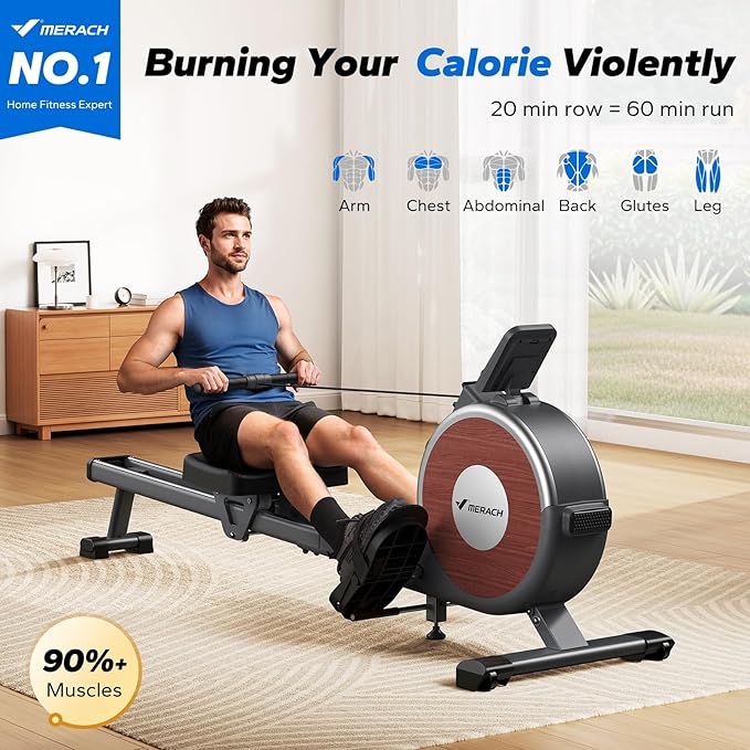 MERACH Rowing Machine, Magnetic Rower Machine for Home, 16 Levels of Quiet Resistance, Dual Slide Rail with Max 350lb Weight Capacity, App Compatible