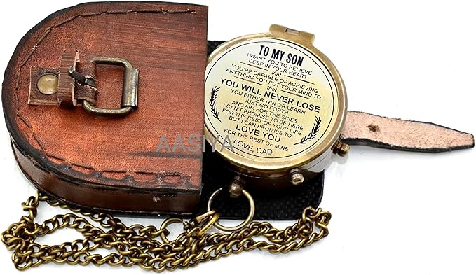 AASIYA Brass Chain Compass with Leather Case