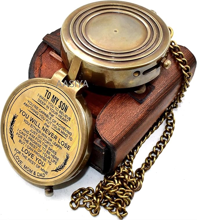 AASIYA Brass Chain Compass with Leather Case