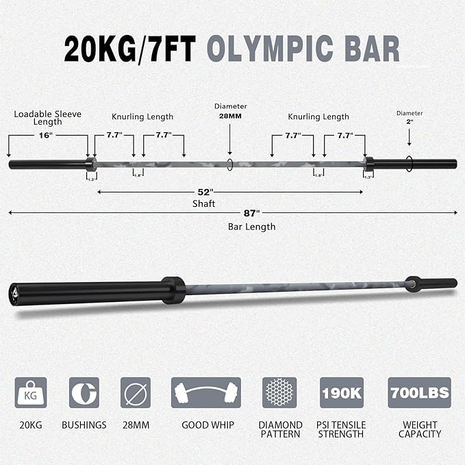 7ft Olympic Barbell for Strength Training and Olympic Weightlifting 500 700 700 1000LBS 1000LBS Capacity 2 Inch