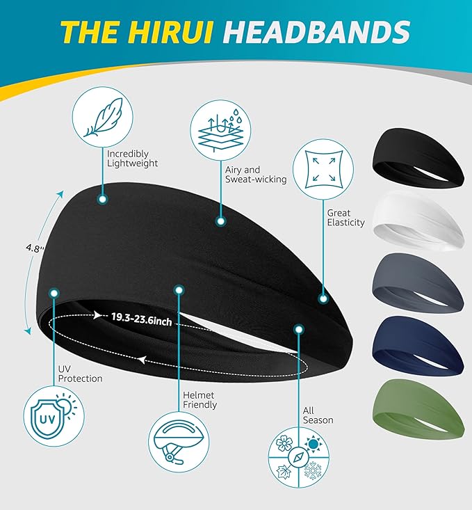 HiRui Headbands for Men Women (5Pack), Running Headbands Moisture Wicking Workout Sweatband Sports Headband for Cycling Basketball Yoga Fitness