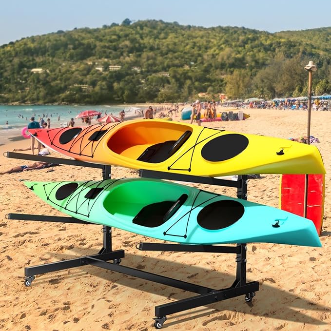 Heavy Duty Freestanding Kayak Storage Rack, Adjustable Metal Stand for Kayaks, Canoes, SUPs, Paddleboards & Surfboards with Lockable Wheels, Indoor & Outdoor Use