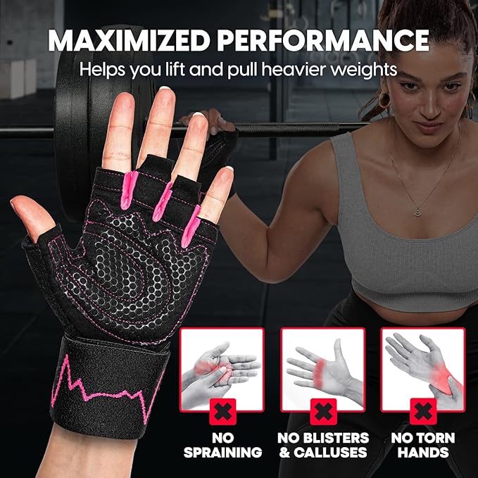 MhIL Workout Gloves for Women โ Comfortable Gym Gloves for Women with Hand Protection and Enhanced Grip โ Weight Lifting Glove for Womens with Wrist Wraps Support for Safety, Hygiene and Style