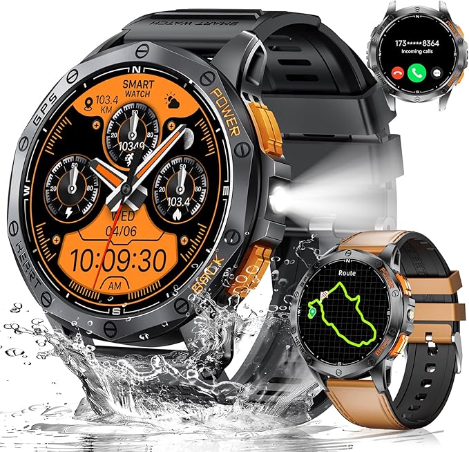LIGE GPS Military Smart Watch for Men (Answer/Make Calls), 100+ Sports Modes Fitness Smart Watch, LED Flashlight/Compass/45 Days Battery/IP68 Waterproof 1.43'' AMOLED Smartwatch for Android iOS