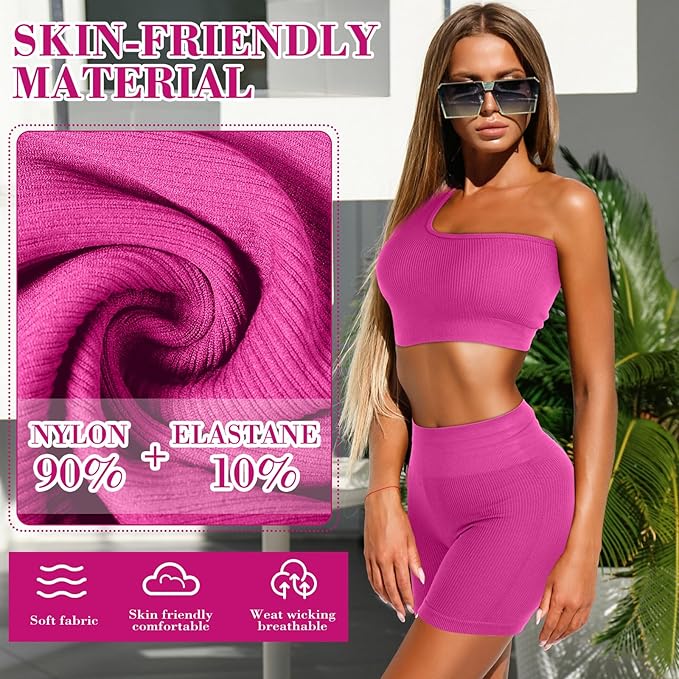 4 Pcs Women's Workout Sets Pilates Exercise Outfit Ribbed Scoop Neck Sports Bra Shorts Leggings Gym Clothes Set