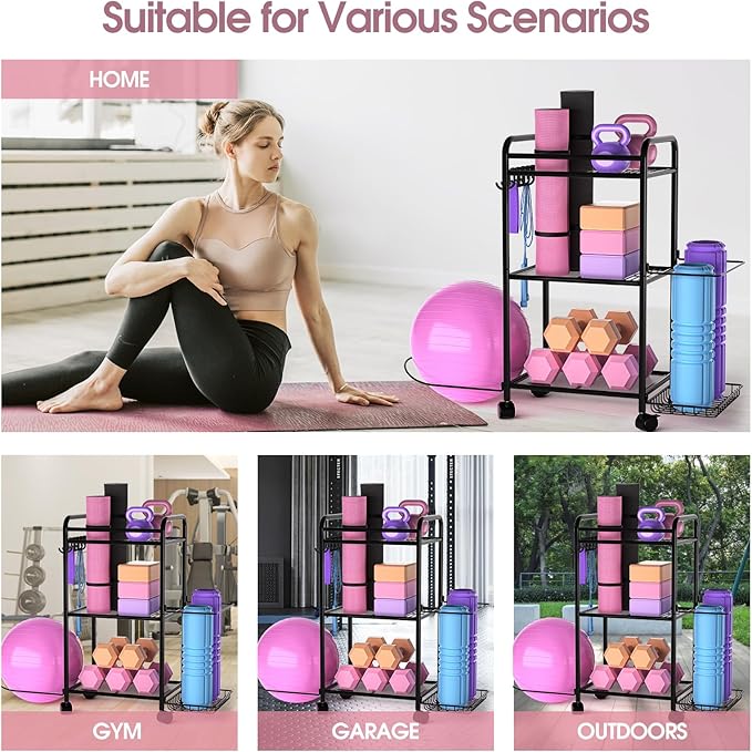 Highpro Home Gym storage Rack - Gym Equipment Storage Rack for Yoga Mat Yoga Ball Dumbbells Kettlebells Foam Roller Yoga Strap and Resistance Bands Workout Equipment Organizer
