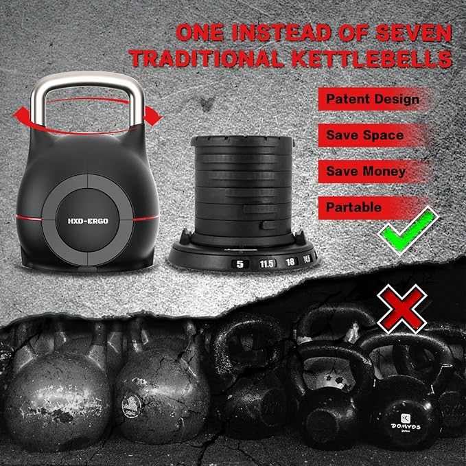 7-in-1 Adjustable Kettlebell, Quick-Adjust Kettlebell for Strength Training, 5-44 LBS Adjustable Weights for Home Gym