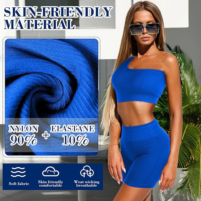 4 Pcs Women's Workout Sets Pilates Exercise Outfit Ribbed Scoop Neck Sports Bra Shorts Leggings Gym Clothes Set