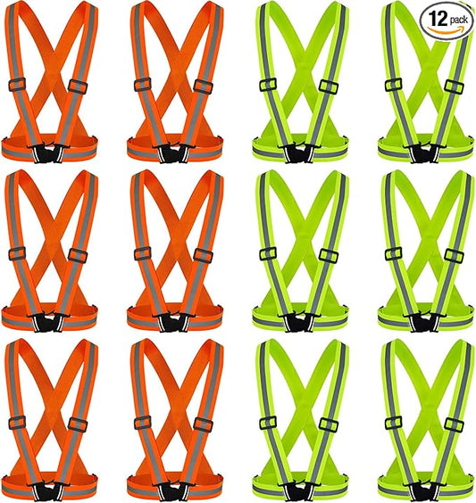 Hercicy 12 Pcs Reflective Vest High Visibility Safety Vests, Adjustable Bright Neon Lightweight Strap Gear (Yellow,Orange)