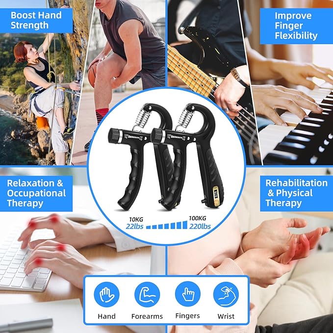 2PCS Grip Strength Trainer with 22-220Lbs (10-100kg) Adjustable Resistance