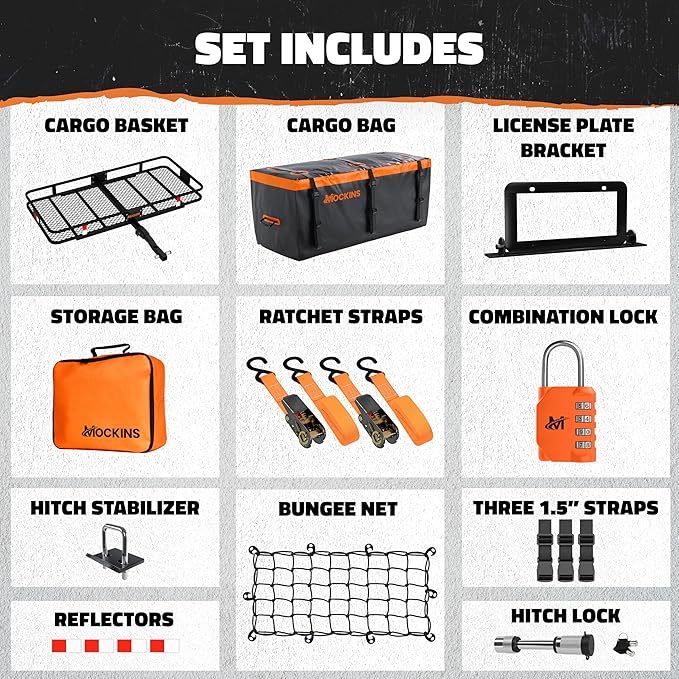 Mockins 60"x20"x6" Folding Trailer Hitch Cargo Carrier w/ 20 Cu Ft Waterproof Cargo Bag for Hitch Carrier | 500 Lbs. Cap All-Weather Cargo Carrier Hitch Mount Rack & Vinyl Vehicle Soft-Shell Carriers