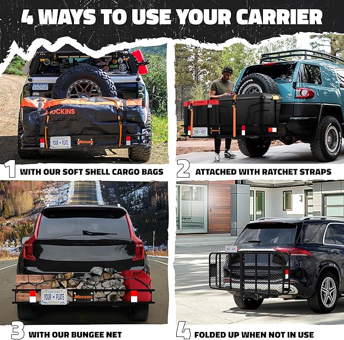 Mockins 60"x20"x6" Folding Trailer Hitch Cargo Carrier w/ 20 Cu Ft Waterproof Cargo Bag for Hitch Carrier | 500 Lbs. Cap All-Weather Cargo Carrier Hitch Mount Rack & Vinyl Vehicle Soft-Shell Carriers