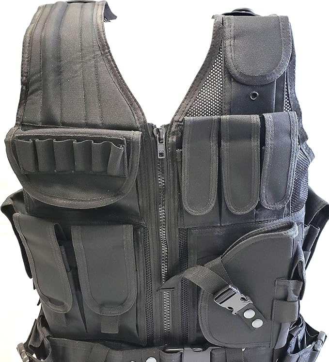 Light Weight Upgraded Tactical Airsoft or Paintball Vest - Duty Belt, Pistol Holster, 9 Pouches - Black