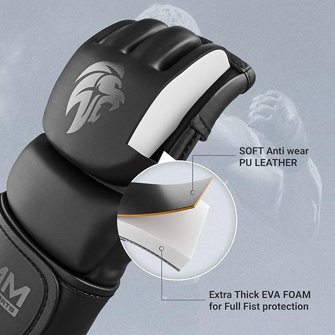 MMA Gloves - for Men & Women - MAXForce EVE Anti-Injury Shock Absorb Boxing Gloves Kickboxing Gloves - Half Finger, Open Palm for Muay Thai, Sparring, Punching Bag