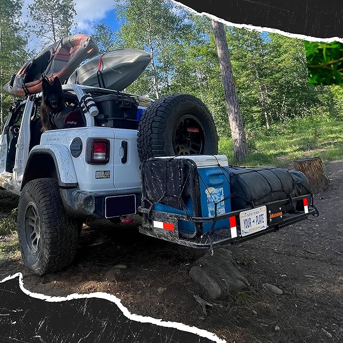 Mockins 60"x20"x6" Folding Trailer Hitch Cargo Carrier w/ 20 Cu Ft Waterproof Cargo Bag for Hitch Carrier | 500 Lbs. Cap All-Weather Cargo Carrier Hitch Mount Rack & Vinyl Vehicle Soft-Shell Carriers