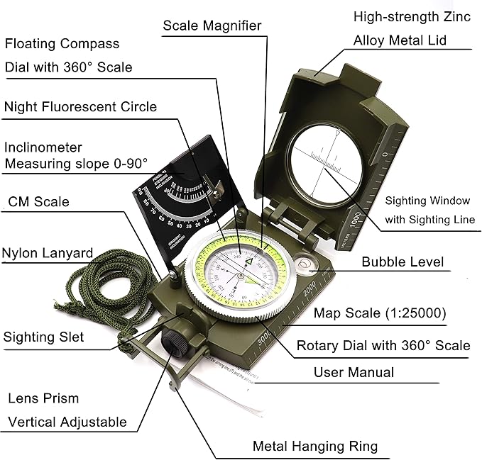 Military Compass Metal Lensatic Compass with Inclinometer