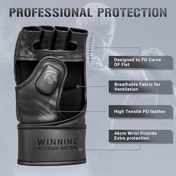 MMA Gloves - for Men & Women - MAXForce EVE Anti-Injury Shock Absorb Boxing Gloves Kickboxing Gloves - Half Finger, Open Palm for Muay Thai, Sparring, Punching Bag