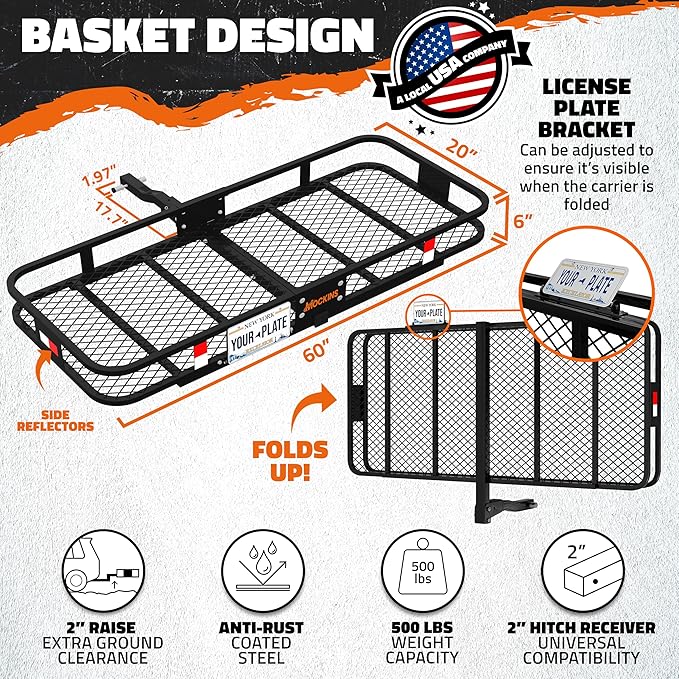 Mockins 60"x20"x6" Folding Trailer Hitch Cargo Carrier w/ 20 Cu Ft Waterproof Cargo Bag for Hitch Carrier | 500 Lbs. Cap All-Weather Cargo Carrier Hitch Mount Rack & Vinyl Vehicle Soft-Shell Carriers