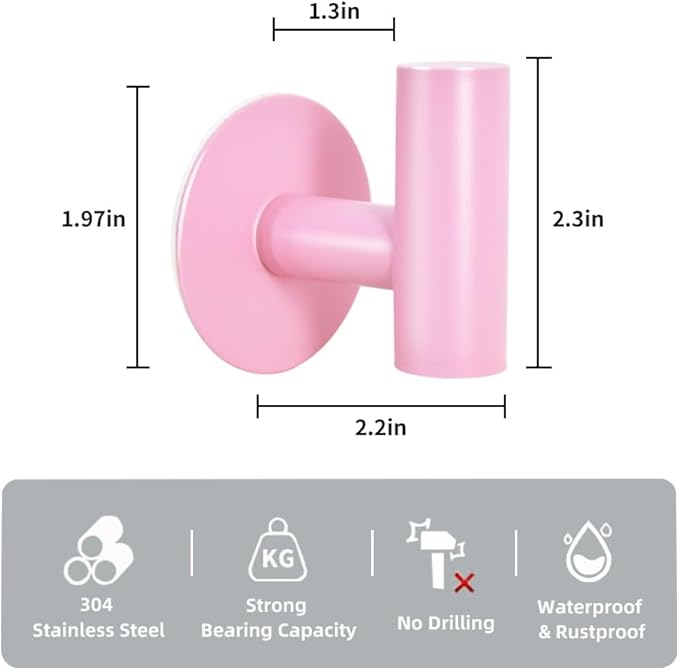 Adhesive Hooks Pink SUS304 Stainless Steel Towel Hooks 2 Pack