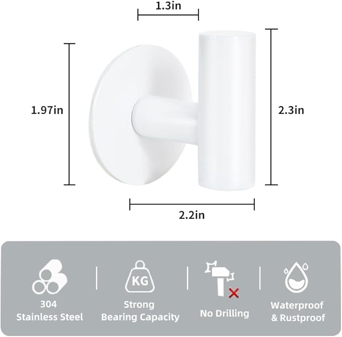 Adhesive Hooks White SUS304 Stainless Steel Towel Hooks 2 Pack