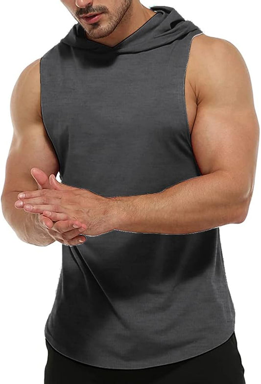 Men's Workout Bodybuilding Hoodies Tshirt Athletic Training Tank Tops Cotton Gym Hooded Top Cut Off Sleeveless Muscle T-Shirt