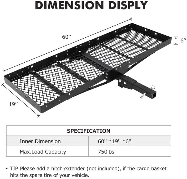 750 Lbs Capacity Hitch Mount Cargo Carrier Basket - Heavy-Duty Cargo Baskets, 60" x 19" x 6" Cargo Rack Rear Luggage Basket for Car and SUV