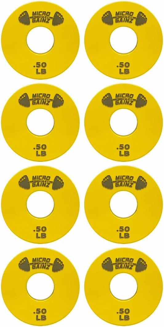 Micro Gainz Standard 1-Inch Center Hole Yellow .50LB Fractional Weight Plates 8 Piece Set- Designed for Standard 1-Inch Barbells and Dumbbells, Made in USA
