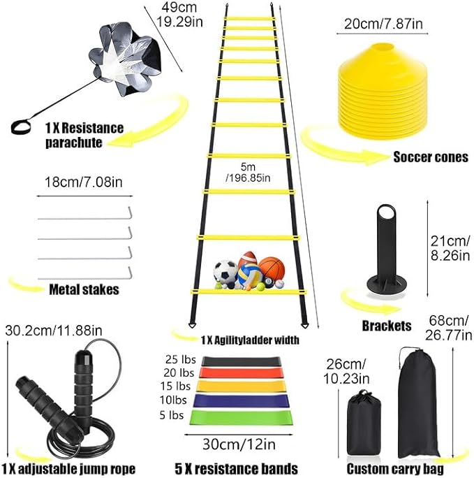 Agility Ladder, Speed Training Equipment Set, 20ft 12-Step 4 Fixed 5 Resistance 12 Football