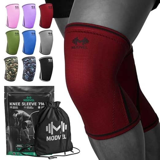 Modvel 7mm Neoprene Knee Sleeves for Men & Women Weightlifting & Powerlifting – Compression Knee Sleeve Support for Squats, Gym, Training – USPA, IPL Approved – Large Red (Pair)
