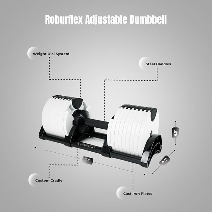 Adjustable Dumbbell (Single) by ROBURFLEX for Workout Strength Training Fitness Home Gym