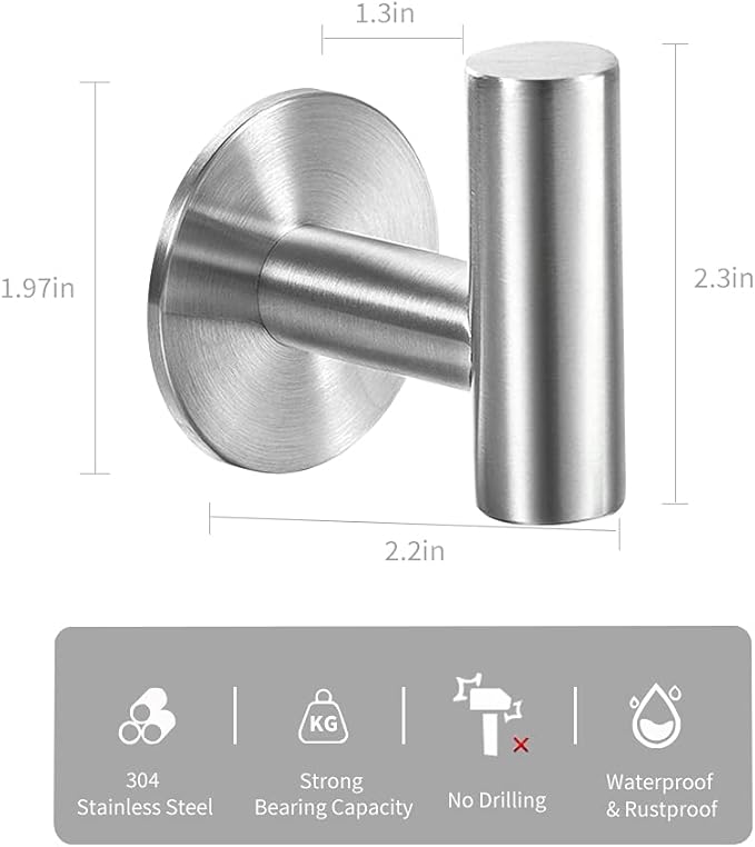 Adhesive Hooks Brushed Nickel SUS304 Stainless Steel Towel 2 Pack
