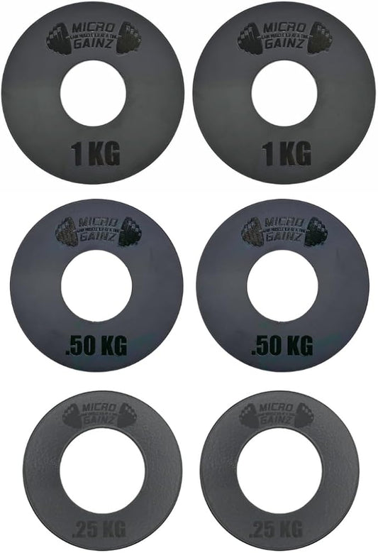 Micro Gainz Olympic Kilogram Fractional Weight Plate Set of 6 Steel Plates- (2-.25KG, 2-.50KG, 2-1KG) Plates -Designed for Olympic Barbells, Used for Strength Training and Micro Loading, Made in USA