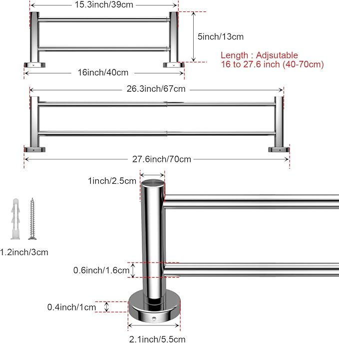 Adjustable Double Towel Bar 16 to 27.6 Inch SUS304 Stainless 1" Diameter