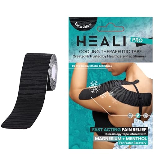 Heali Kinesiology Tape with Magnesium and Menthol, 20 Pcs Precut Strips, K Tape Roll, Knees, Physical Therapy Sports Tape for Muscle and Joint Pain Relief, Water Resistant, Black Zebra