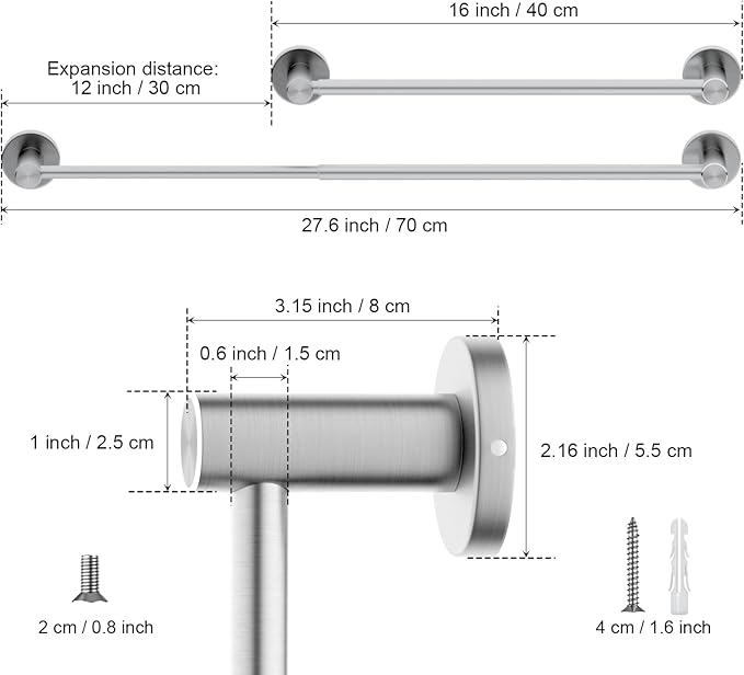 Adjustable Single Bath Towel Bar 16 to 27.6 Inch Kitchen,1" Tube