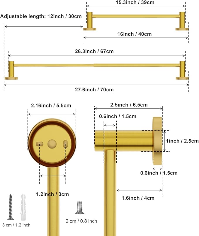 Adjustable 16 to 27.6 Inch Single Towel Bar SUS304 Stainless 1" Diameter