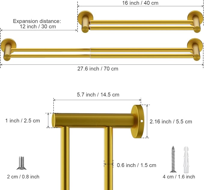 Adjustable Double Bath Towel Bar 16 to 27.6 Inch 1" Tube