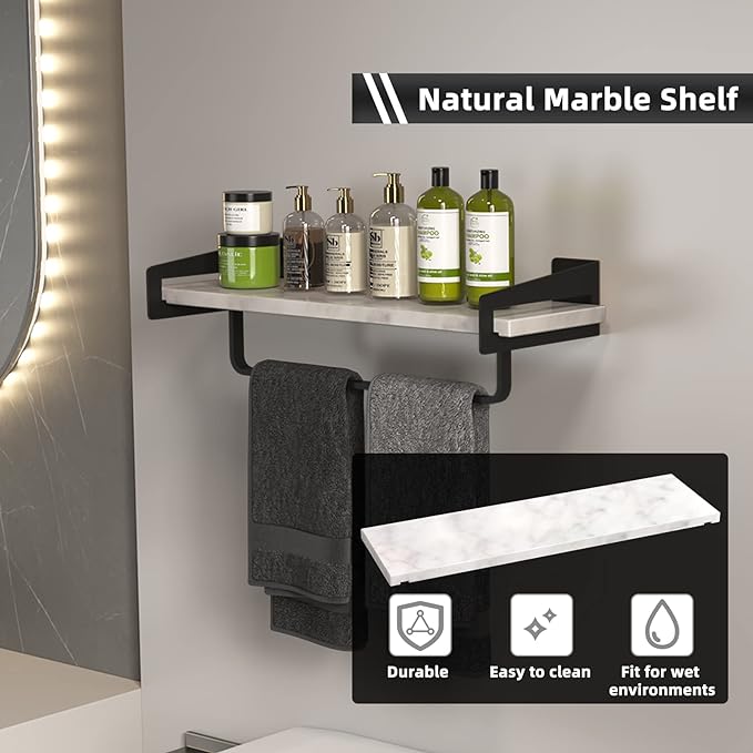 Marble Bathroom Shelf with Towel Bar 16" Metal
