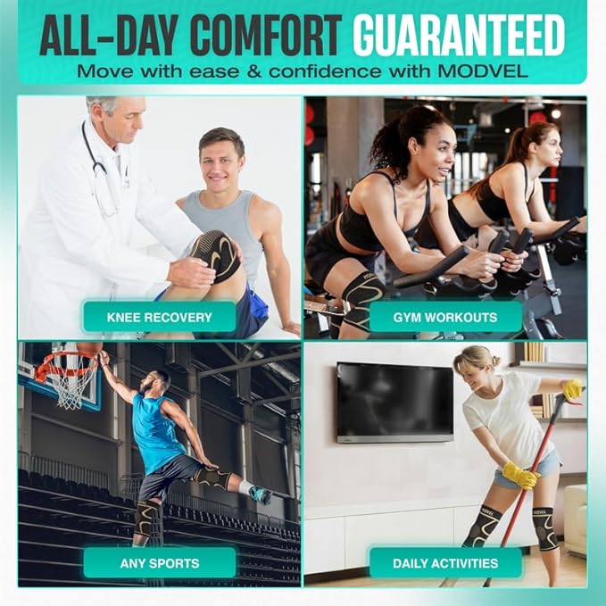 Modvel 2 Pack Knee Brace for Women & Men - Workout Knees Compression Sleeve for Knee Pain Relief Joint Support for ACL, Arthritis, Meniscus Tear Knees Brace for Sports, Rodilleras para Gym Fitness