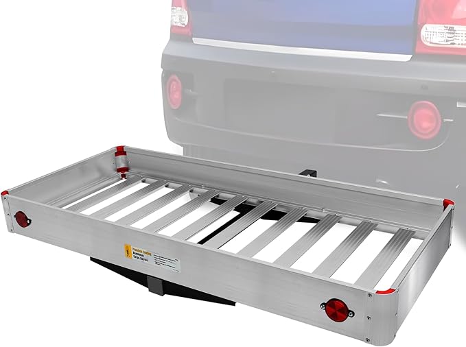 MaxxHaul 50149 500-lb Capacity 50 inch x 22 inch Hitch Mount Premium Folding Aluminum Cargo Carrier Rack Basket with High Side Rails and Reflector Lens for Added Safety