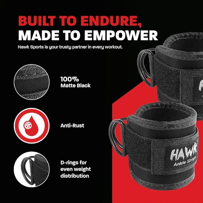Hawk Sports Ankle Straps for Cable Machines for Enhanced Booty, Glute, Leg & Other Lower Body Workouts, Strong and Portable Glute Kickback Ankle Strap (Pair) for Safely Weightlifting an Extra 220 lbs.