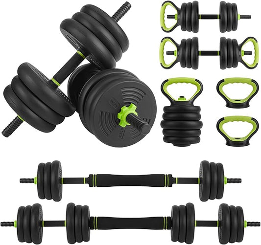 Adjustable Dumbbell and Kettlebell Set, 4 in 1, 44lbs/66lbs/88lbs Weight Used as Kettlebells, Barbell, Push up Stand for Home Gym, Green and Black, Round Head