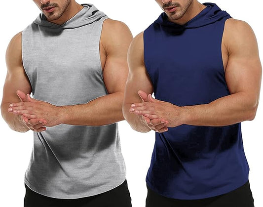 Men's Workout Bodybuilding Hoodies Tshirt Athletic Training Tank Tops Cotton Gym Hooded Top Cut Off Sleeveless Muscle T-Shirt