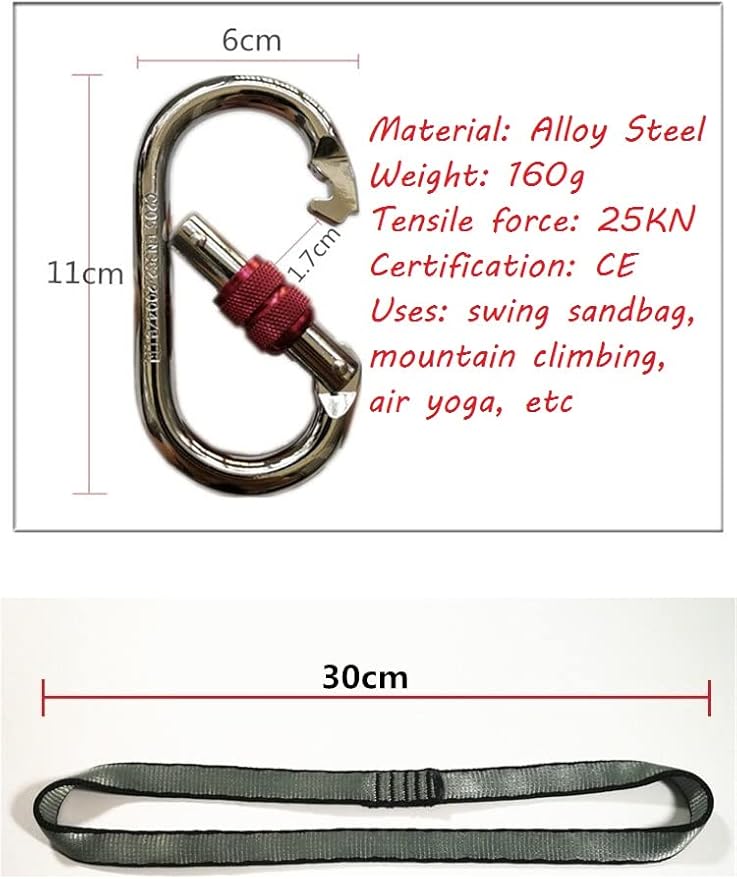 Heavy Duty Punch Bag Straps Hanger Heavy Bag Hanging Strap with Hook Carabiner for Gym Bar & Pull-Up Bar (25KN Carabiner)