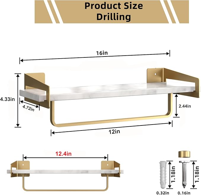 Marble Bathroom Shelf with Towel Bar 16" Metal