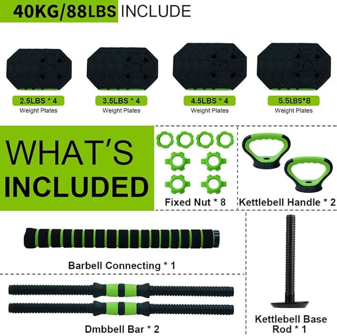 Adjustable Dumbbell Set, 4 in 1 Adjustable Kettlebell Set,44lbs/66lbs/88lbs Weight Set Used as Kettlebells, Barbell, Push up Stand for Home Gym,Green and Black,Octagon Head