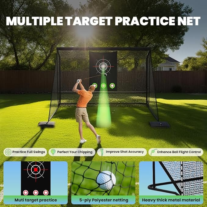 10x7ft Golf Hitting Practice Net with Dual Side Net Barriers & Durable Heavy Duty Steel Frame, Golf Nets Backyard Driving, Chipping & Swing Training for Indoor&Outdoor